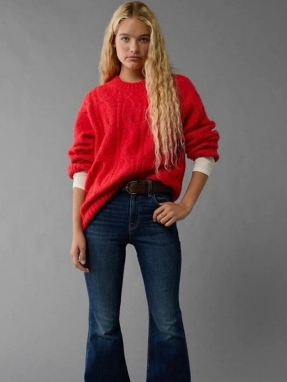 American Eagle Whoa So Soft Cable Knit Sweater Red Crewneck XS Cozy